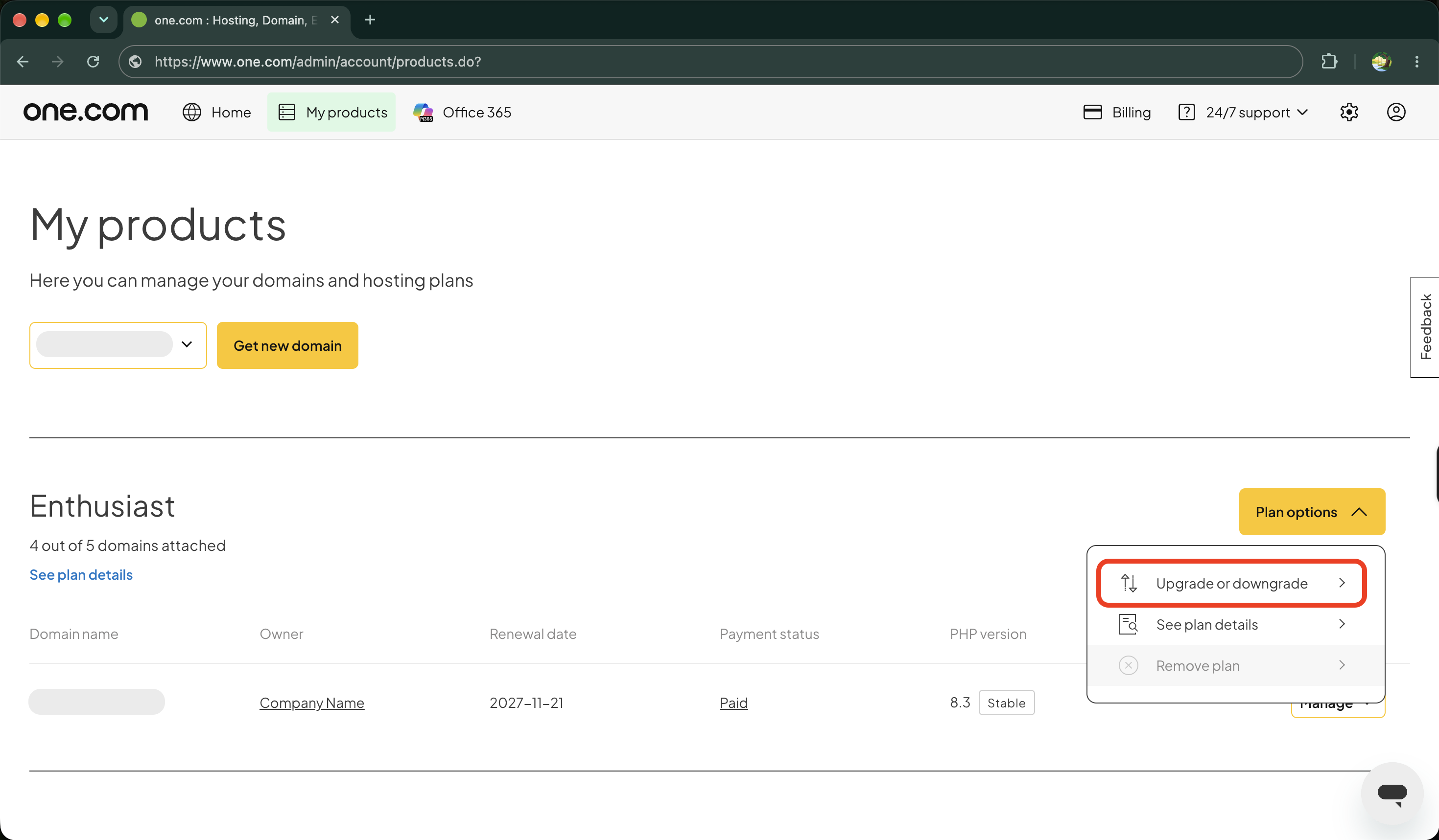 Mise à niveau ou rétrogradation de plans dans le panneau de configuration