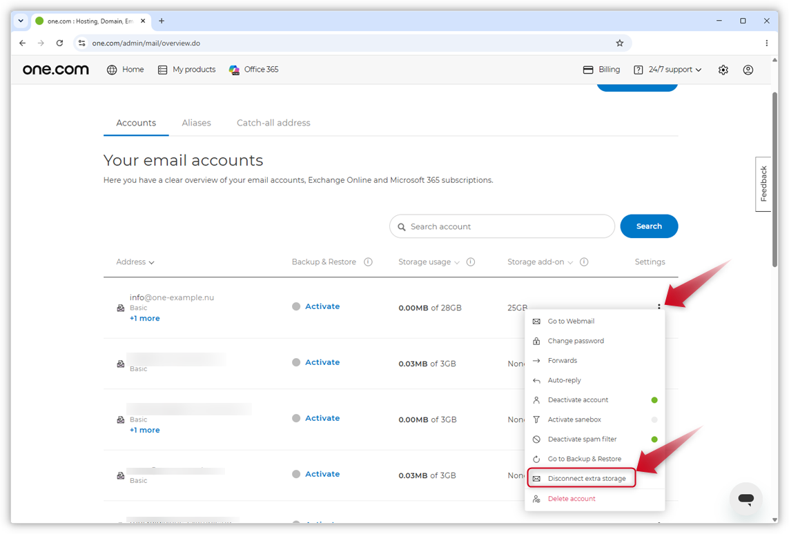 Screenshot of the email accounts page in the Control Panel. Red arrows point towards the three dots and "Disconnect extra storage" in the opened menu.