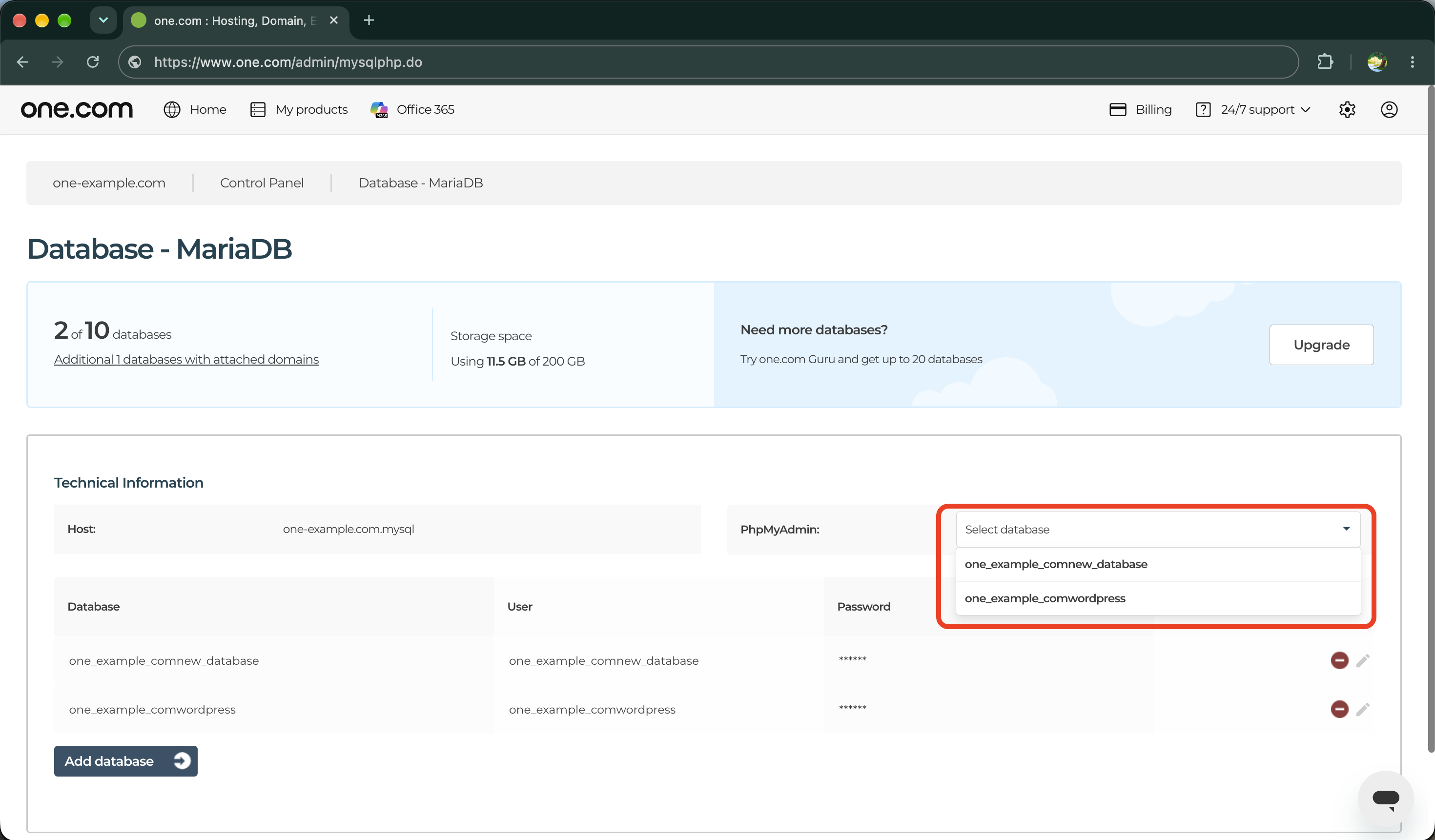 choose database in php admin
