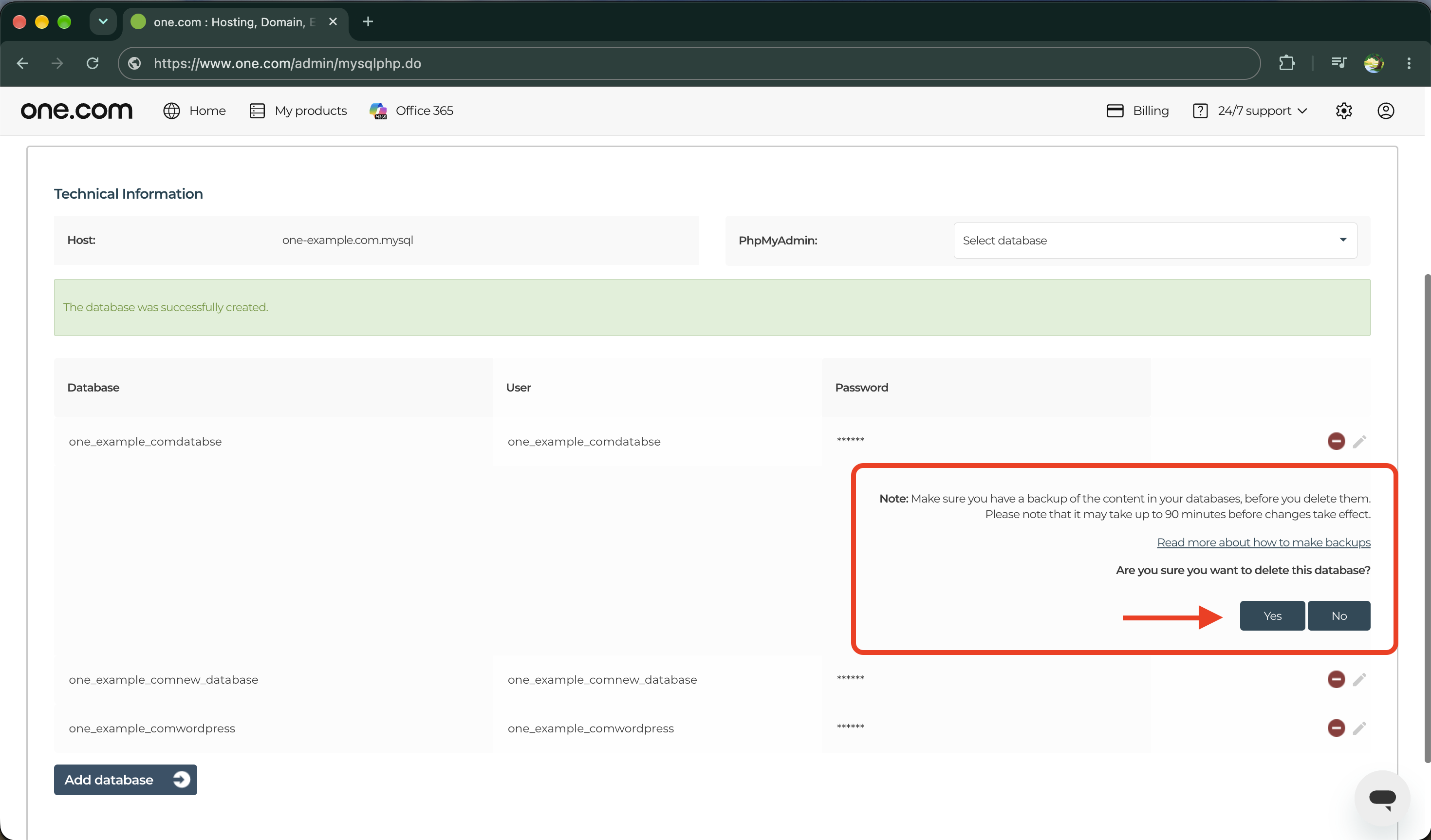 Elimina database: conferma l'azione