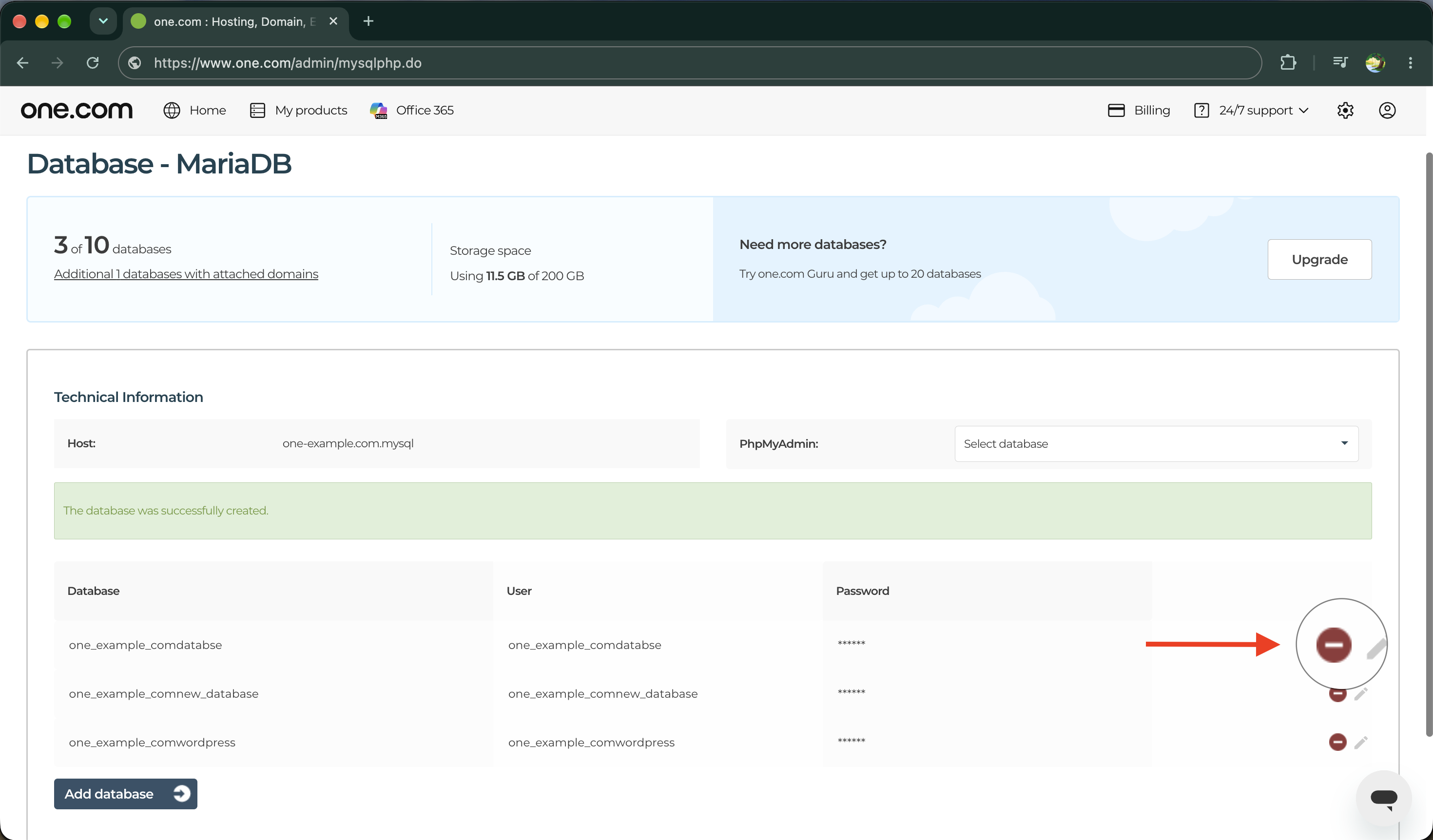 Supprimer la base de données dans les informations techniques