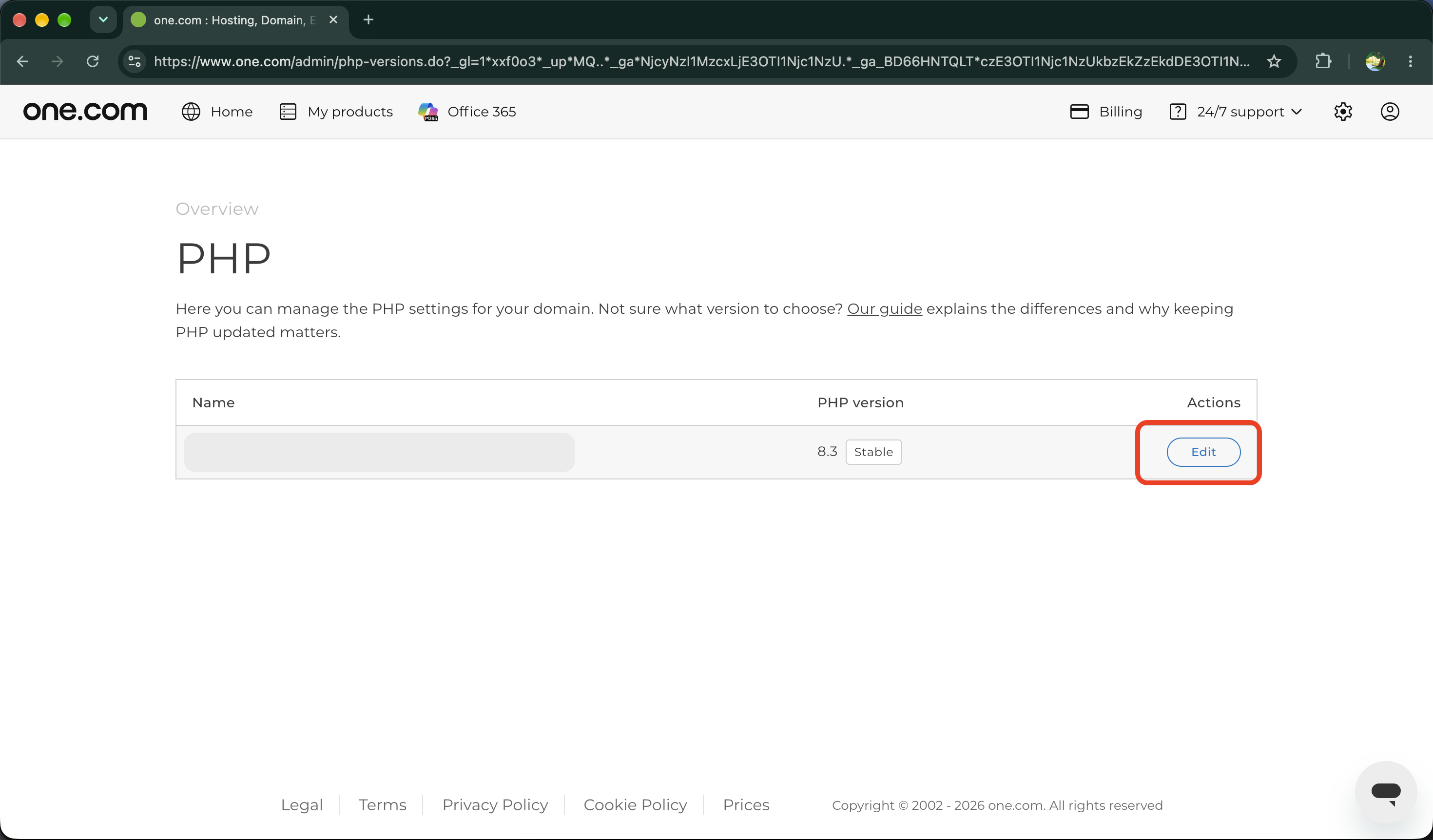 Click on "Edit" to update PHP version