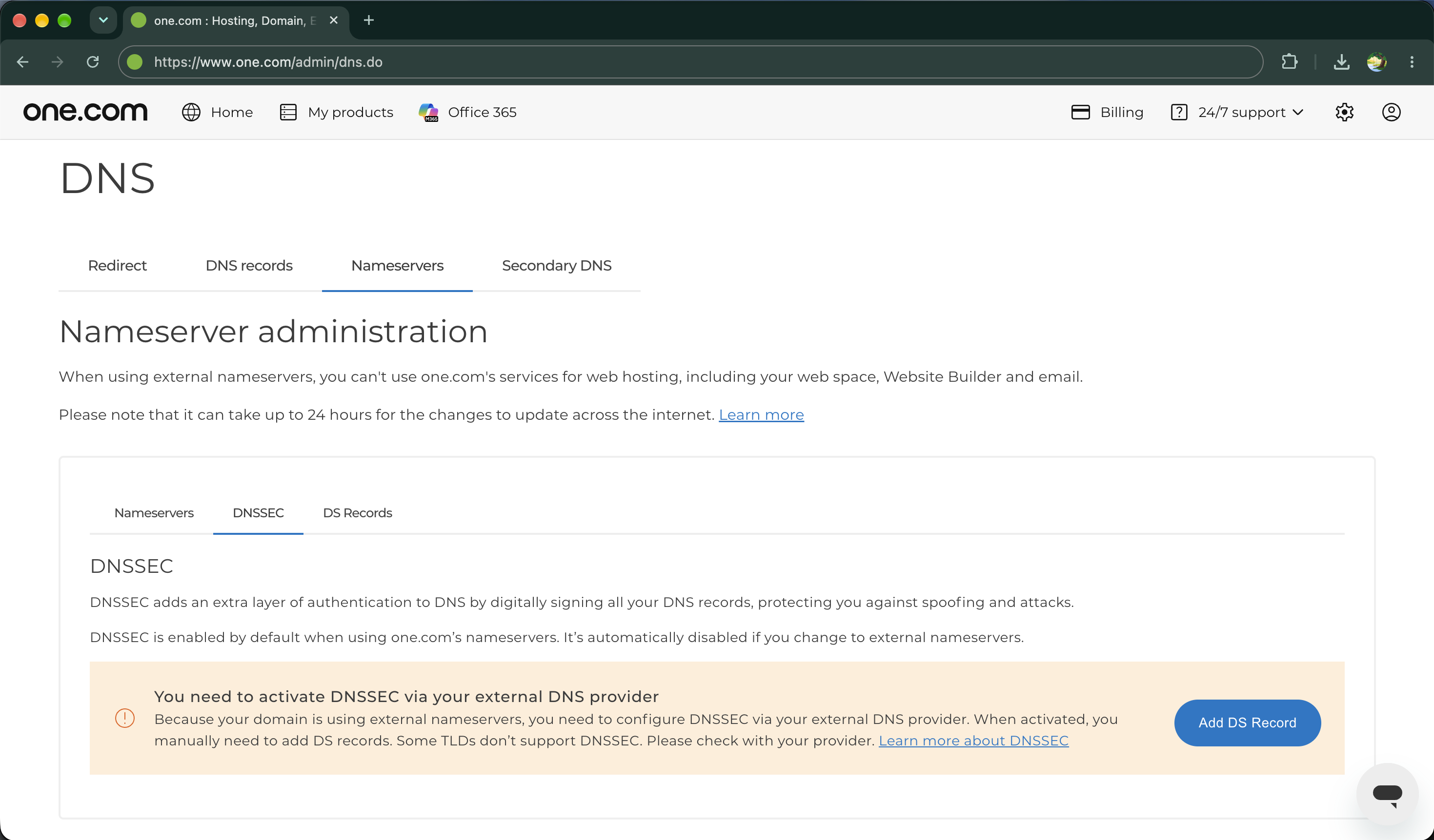 Nameserver administration in Control Panel
