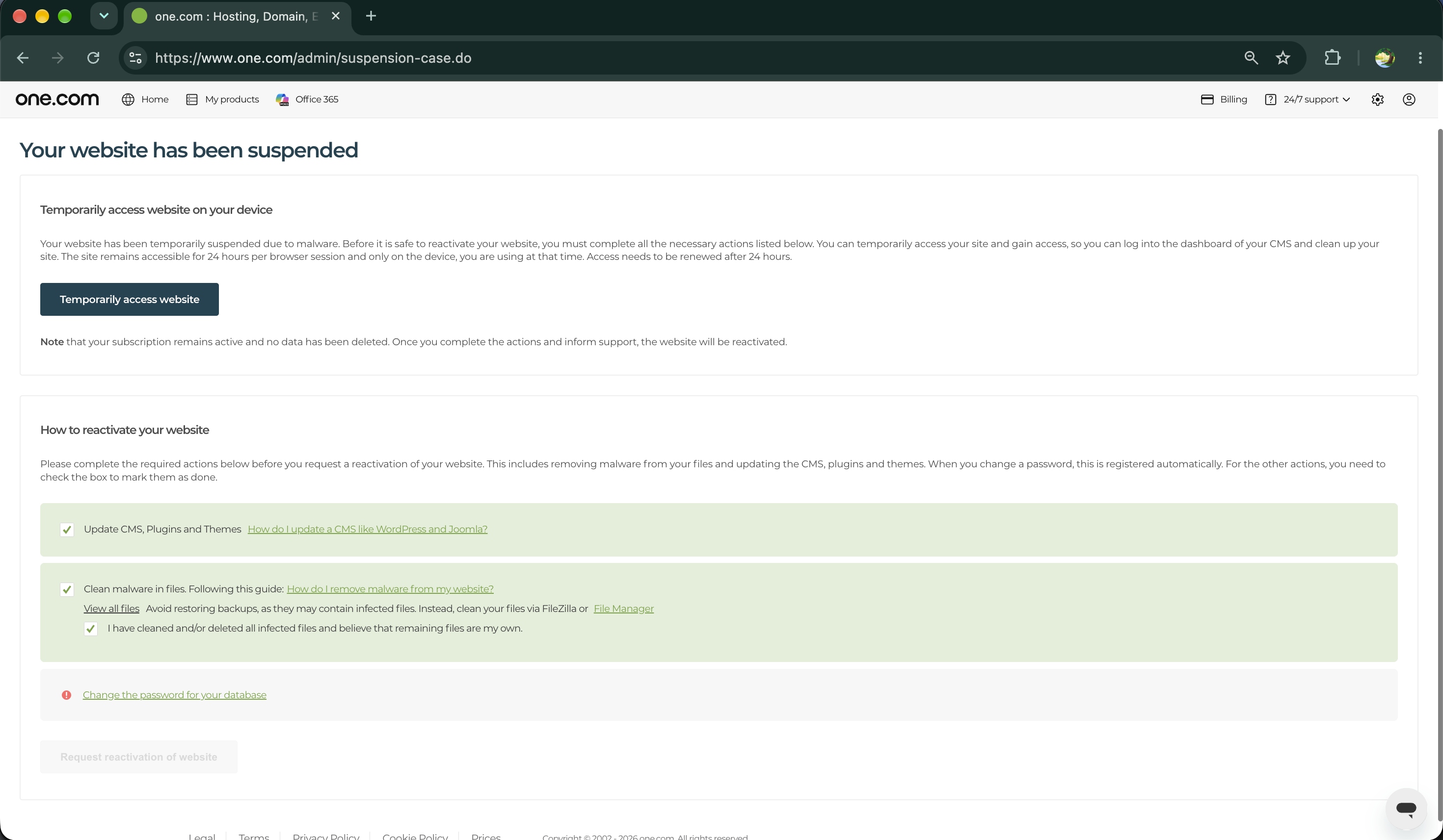 Sito web sospeso nel pannello di controllo