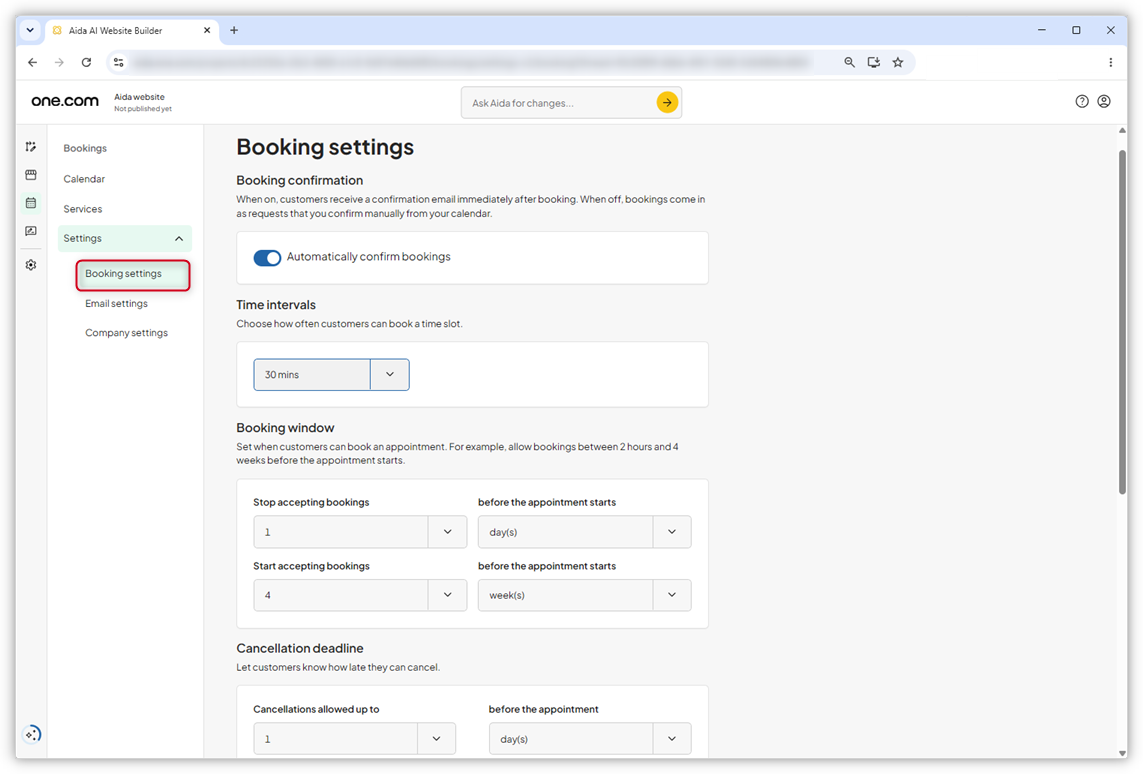 Captura de ecrã da página Definições de reserva no Aida AI Website Builder.