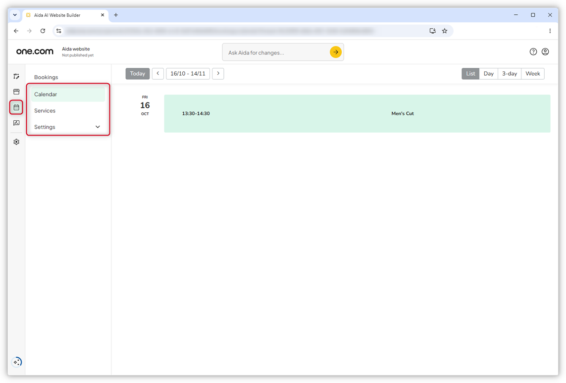 Capture d'écran de l'outil de réservation dans Aida AI Website Builder. L'icône de calendrier et le menu Réservations sont mis en surbrillance sur la gauche.
