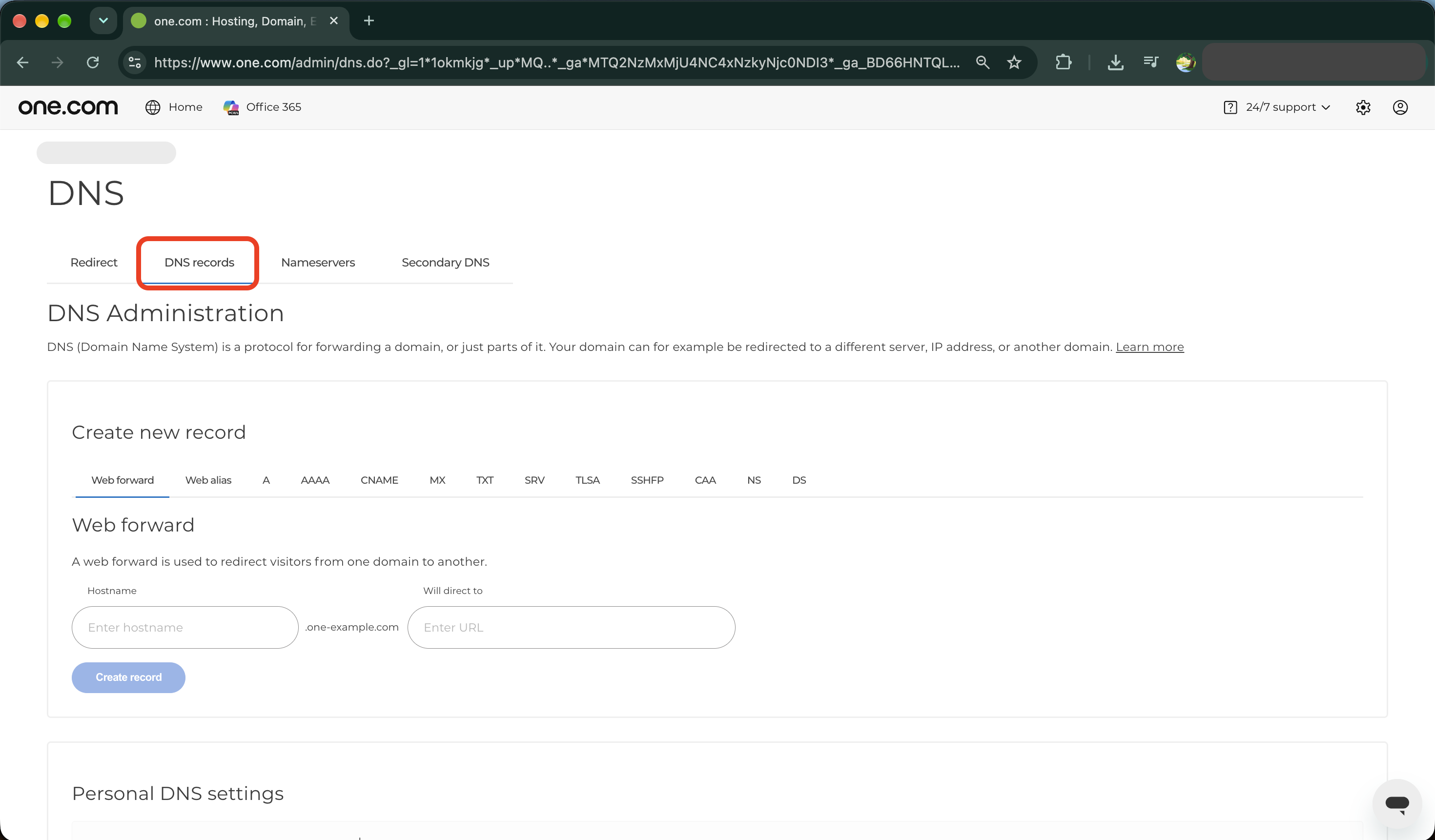 DNS records in Control Panel