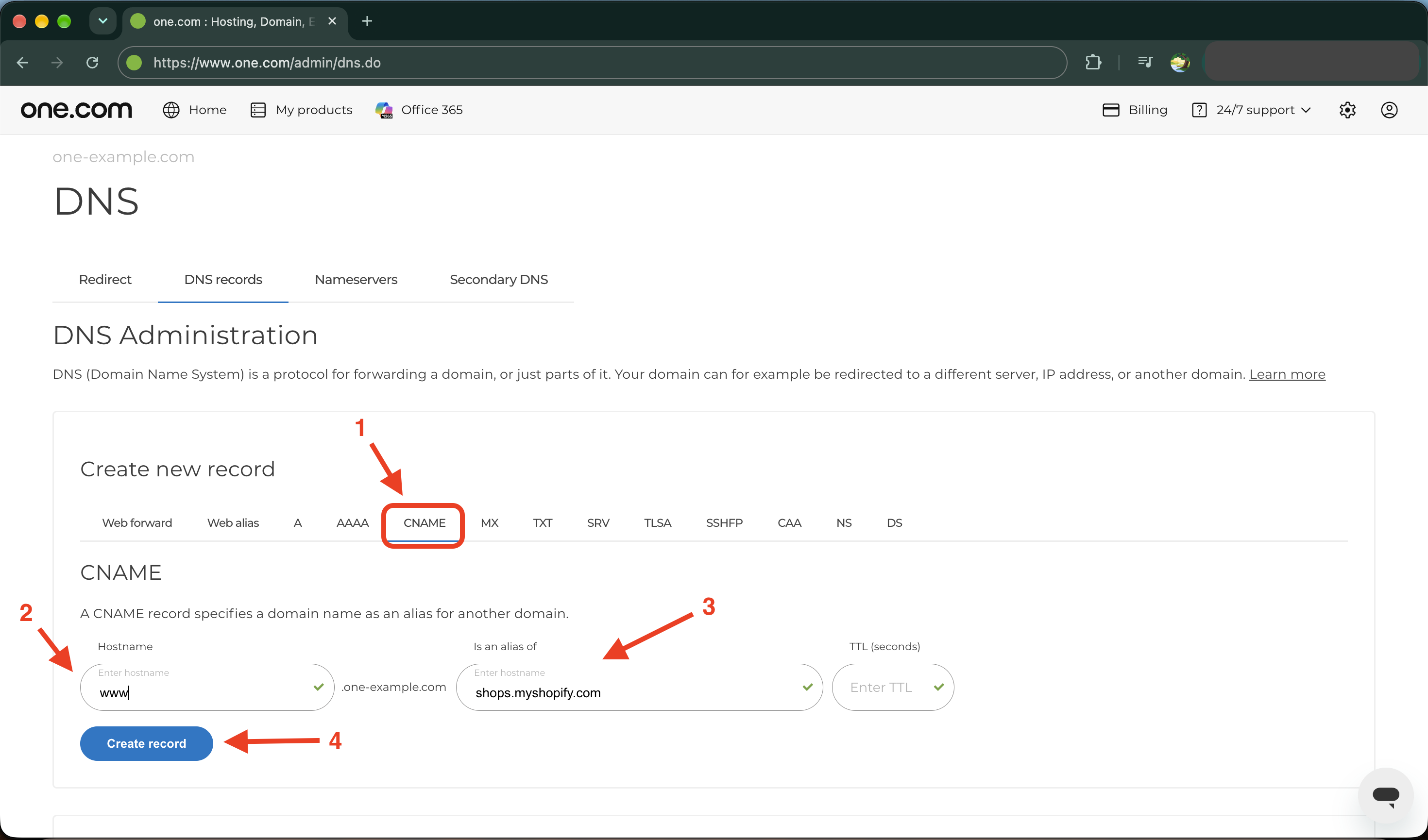 create CNAME record in Control Panel