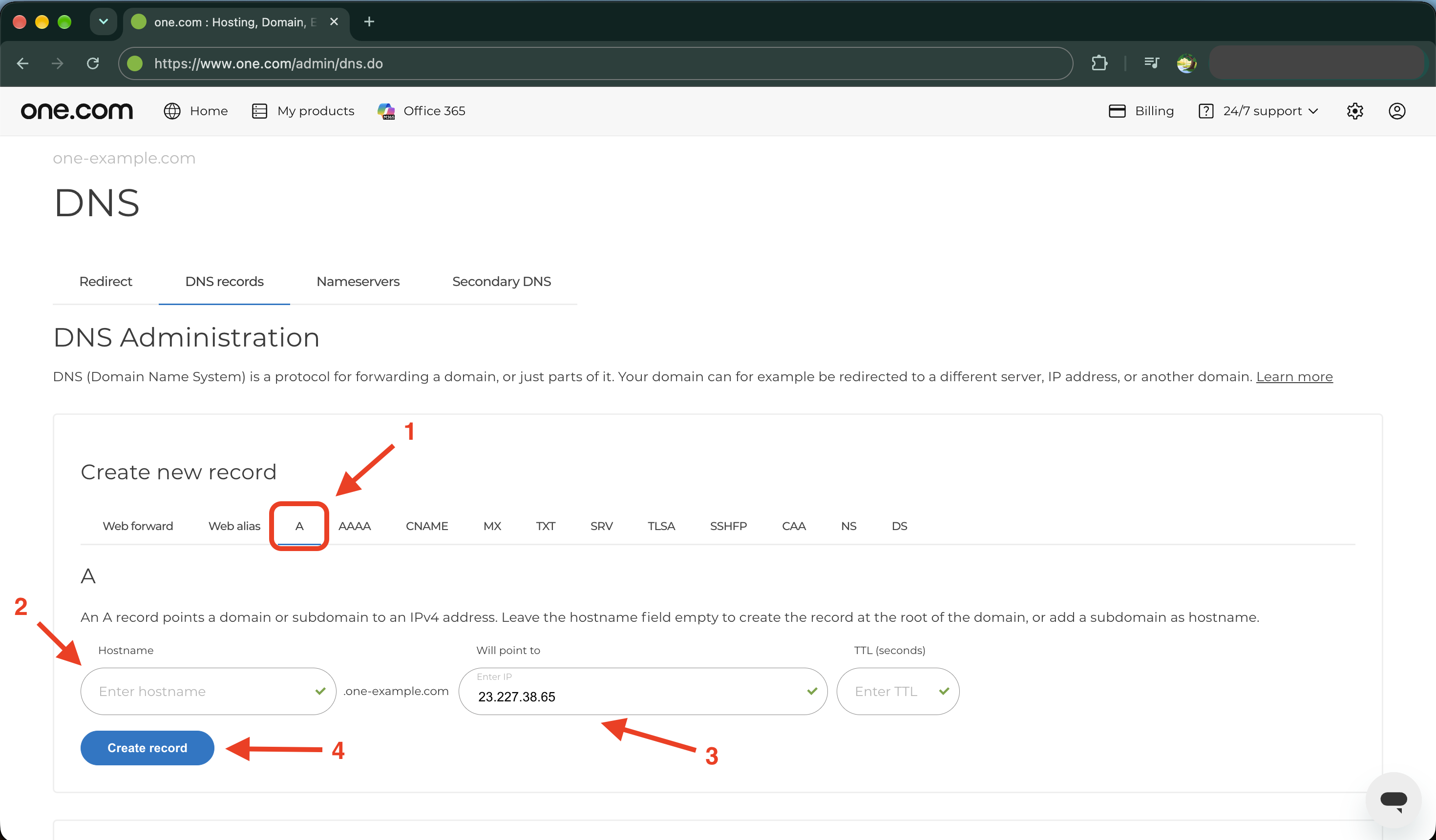 Create A record to point to Shopify