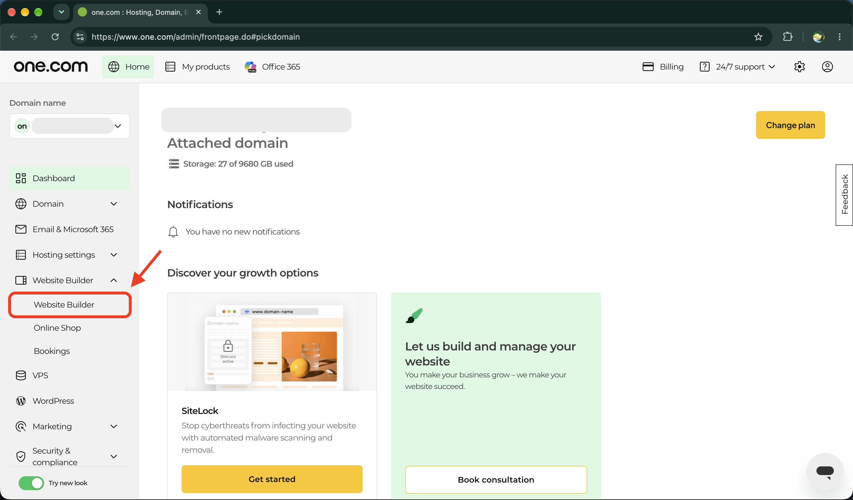 Connect to website builder in control panel