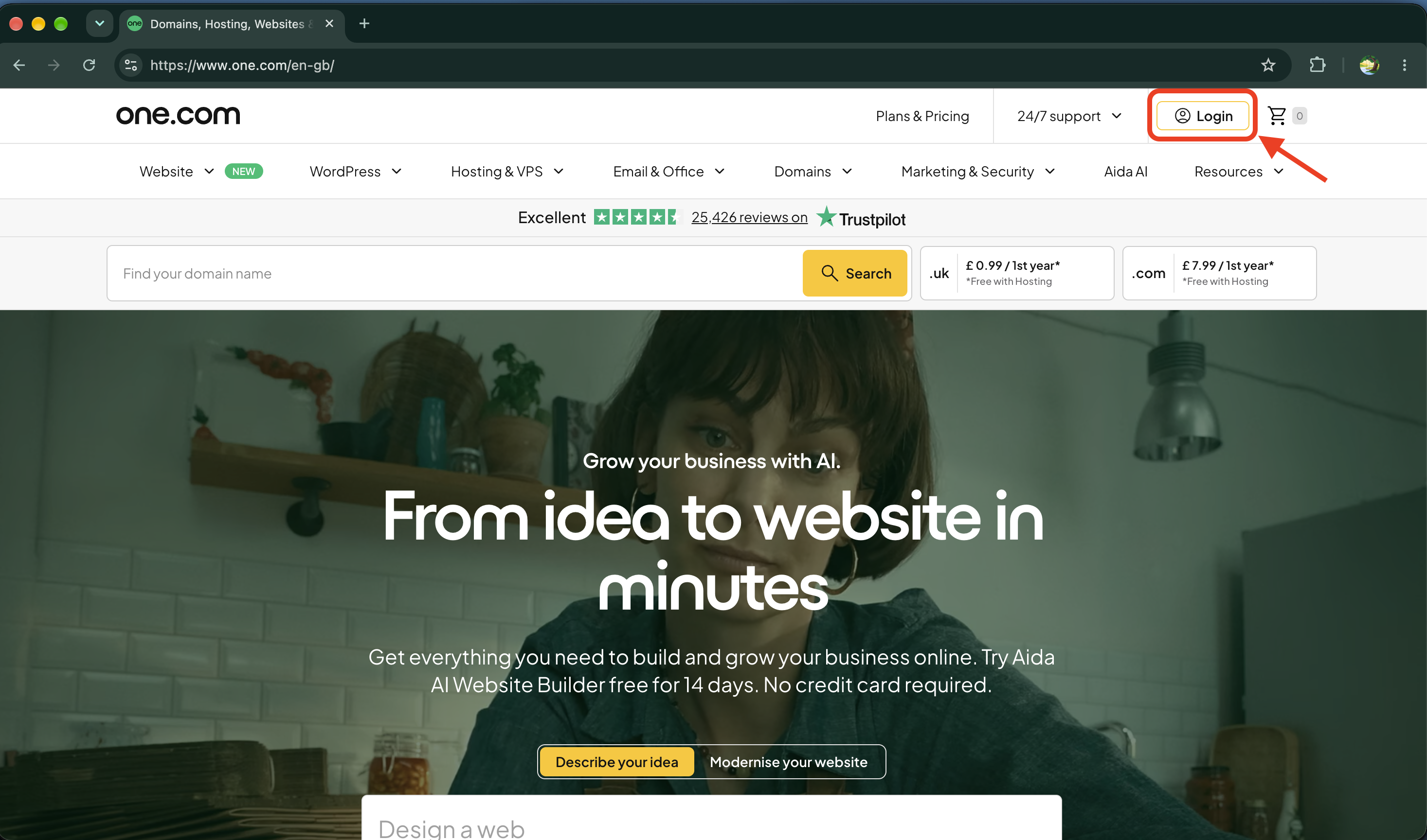Accesso dalla homepage di one.com