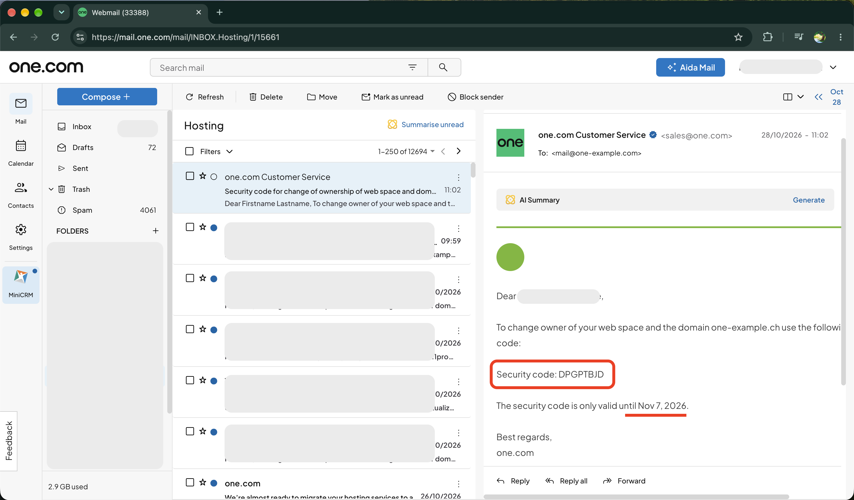 Code in webmail