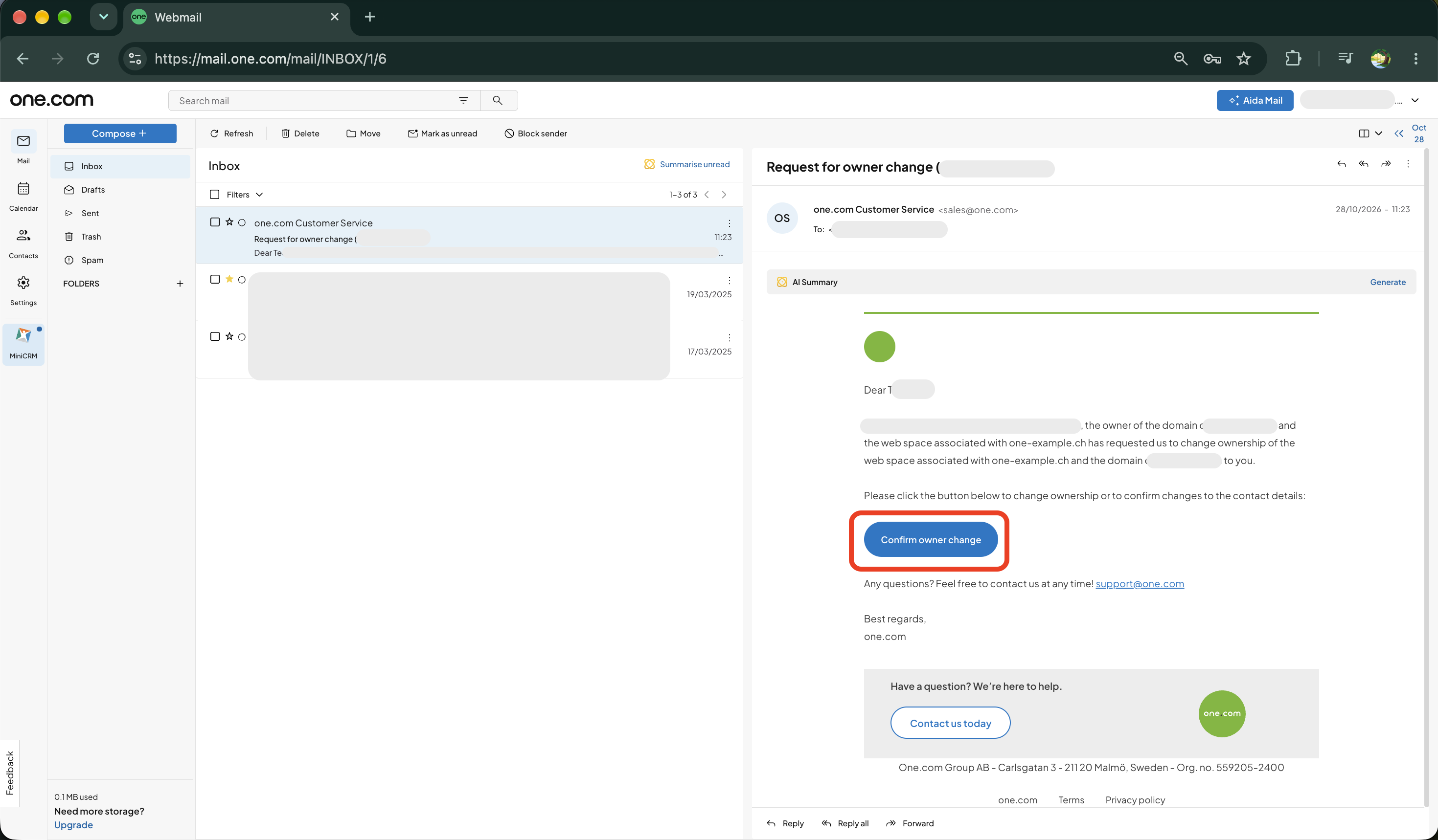 Bevestig de eigenaarswijziging in webmail