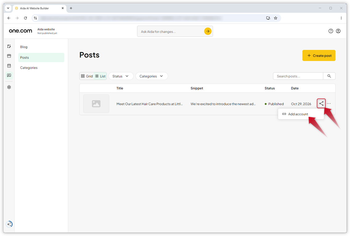 Screenshot of the Posts page in the Aida AI Website Builder. Red arrows higlight the Share icon and the "Add account" option in the menu.