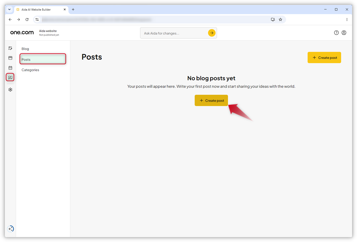 Posts page in Aida AI Website Builder showing the Create post button