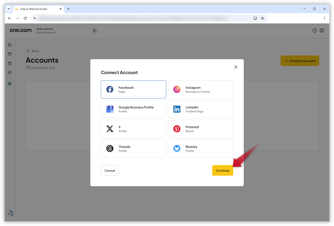 Screenshot of the Connect Account window with the available social media platforms. A red arrow points to "Continue".