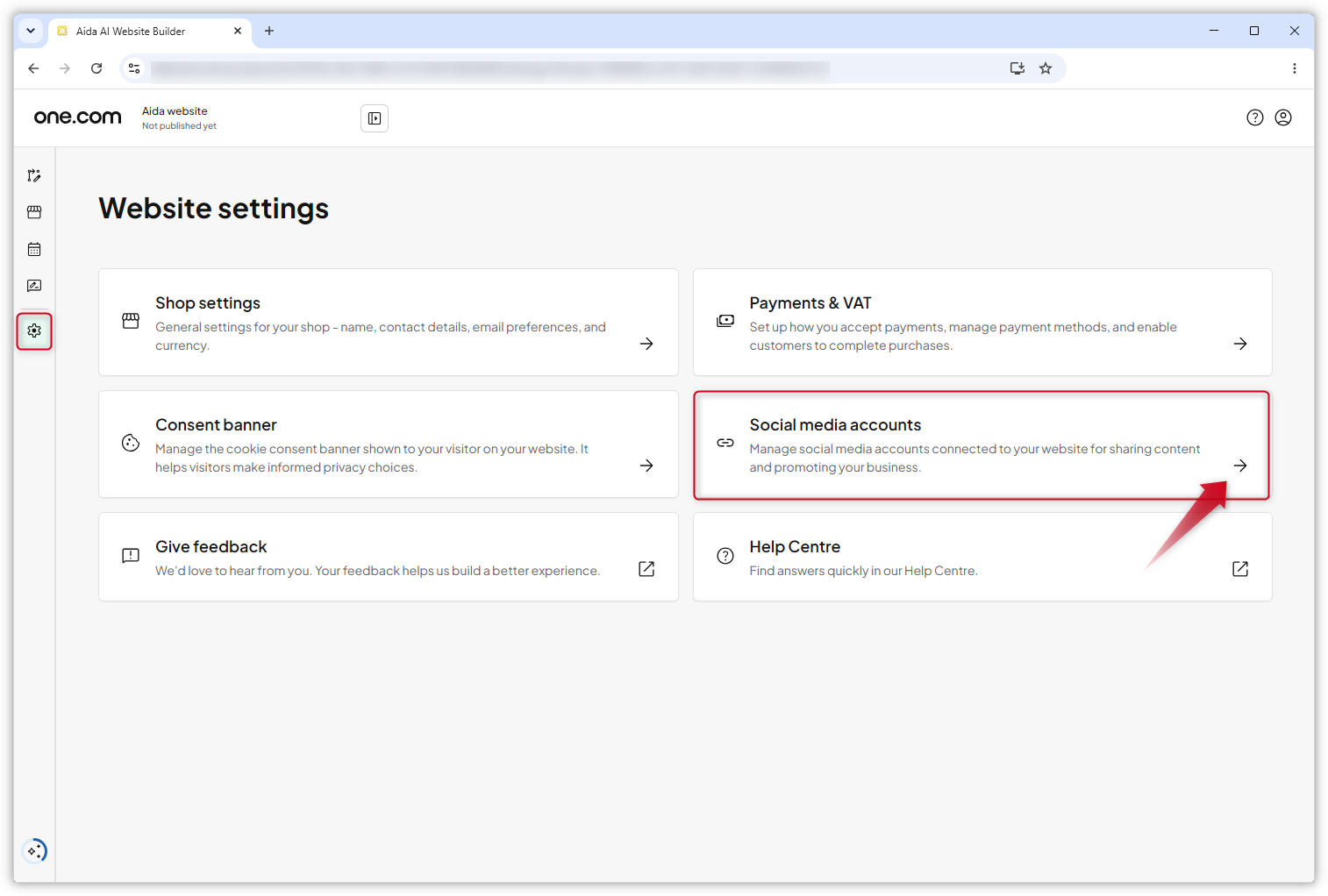 Screenshot of the Website settings page. "Social media accounts" is highlighted.