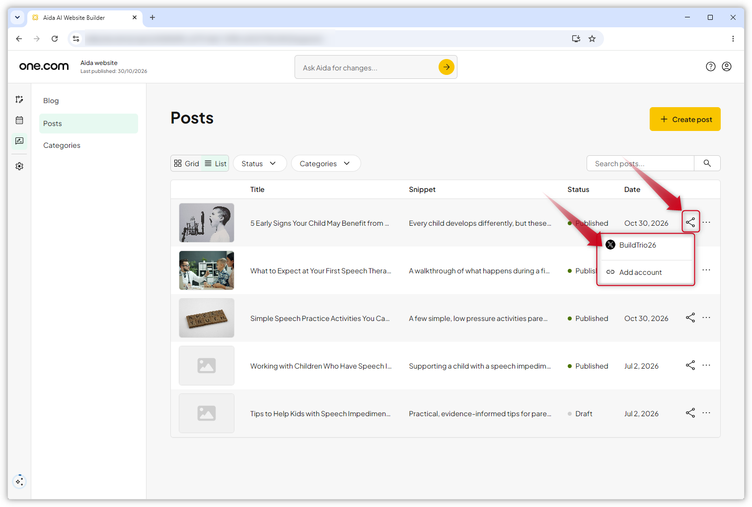 Screenshot of the Posts list in Aida AI Website Builder. The Share icon and the connected social media account are highlighted.