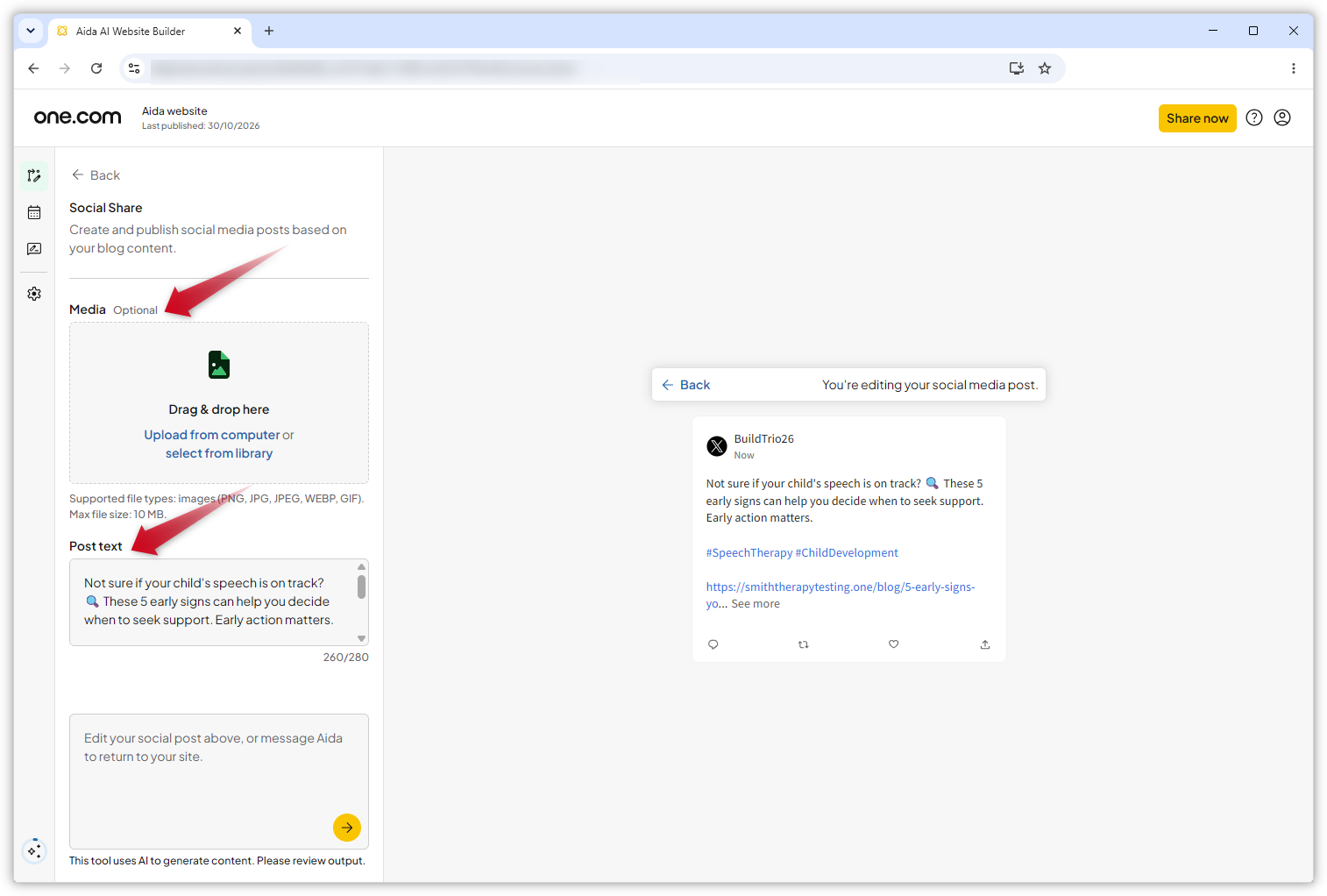 Screenshot of the Social Share workspace. Red arrows highlight the Media and Post text sections.