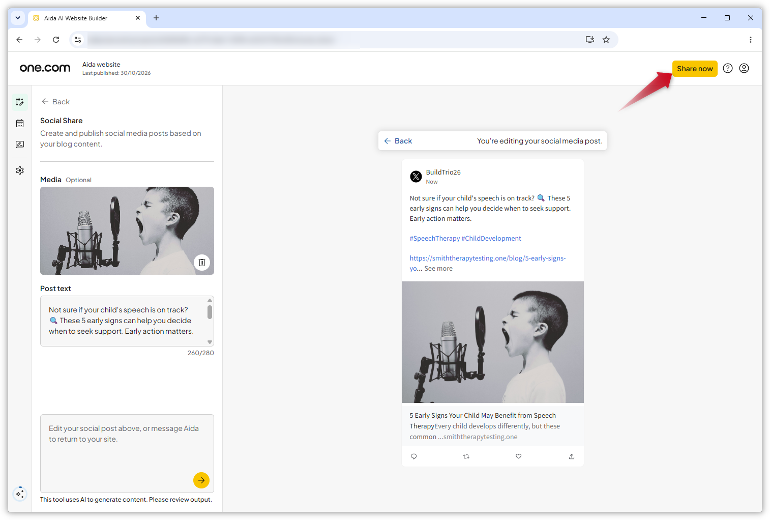 Screenshot of the Social Share workspace. A red arrow points towards the "Share now" button in the top-right corner.