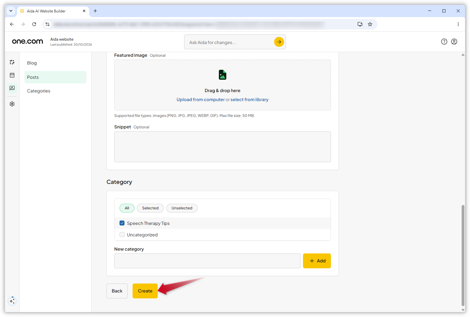 Screenshot showing the New post page. A red arrow points towards to the "Create" button.