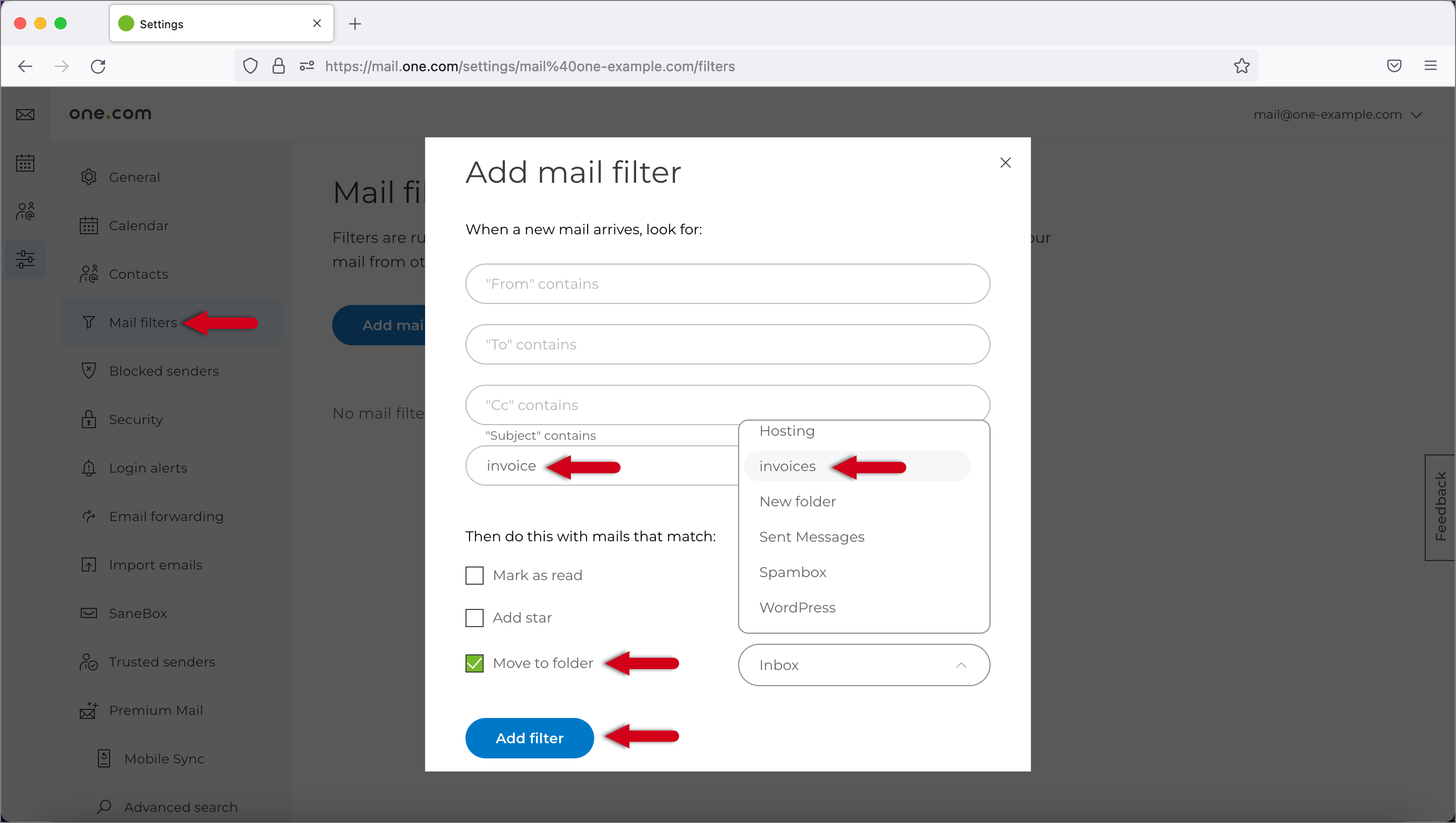 Skærmbillede af pop-uppen "Tilføj mailfilter".