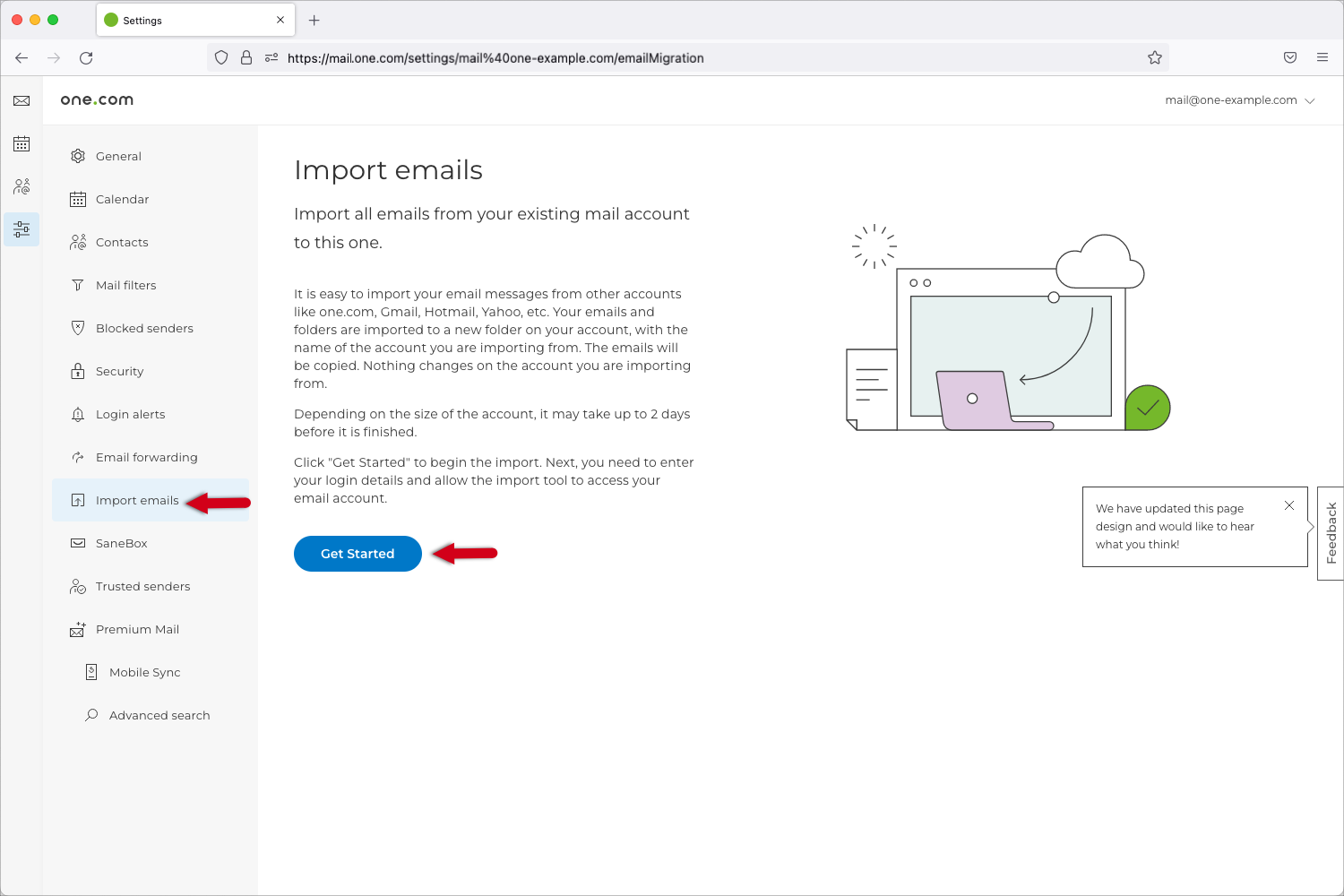 Skærmbillede af siden "Importér e-mails" i Webmail. "Kom i gang"-knappen er fremhævet.