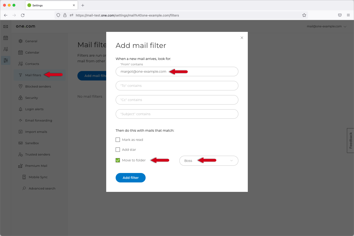 Skærmbillede af pop-uppen "Tilføj mailfilter".