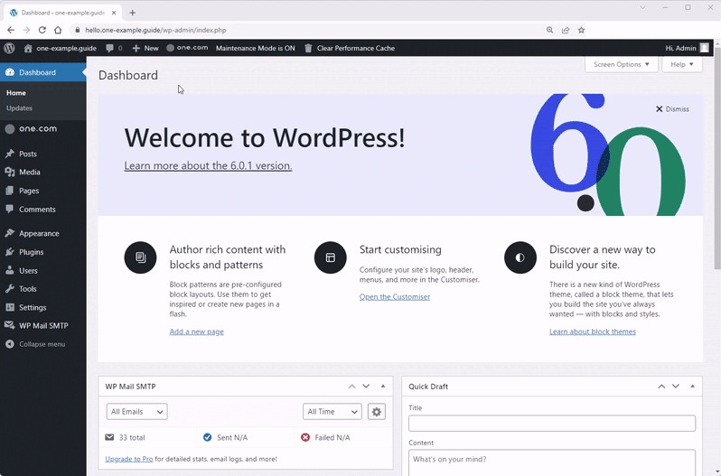 Animeret GIF, der viser en markør, der klikker gennem de ovenfor beskrevne trin for at deaktivere vedligeholdelsestilstand.